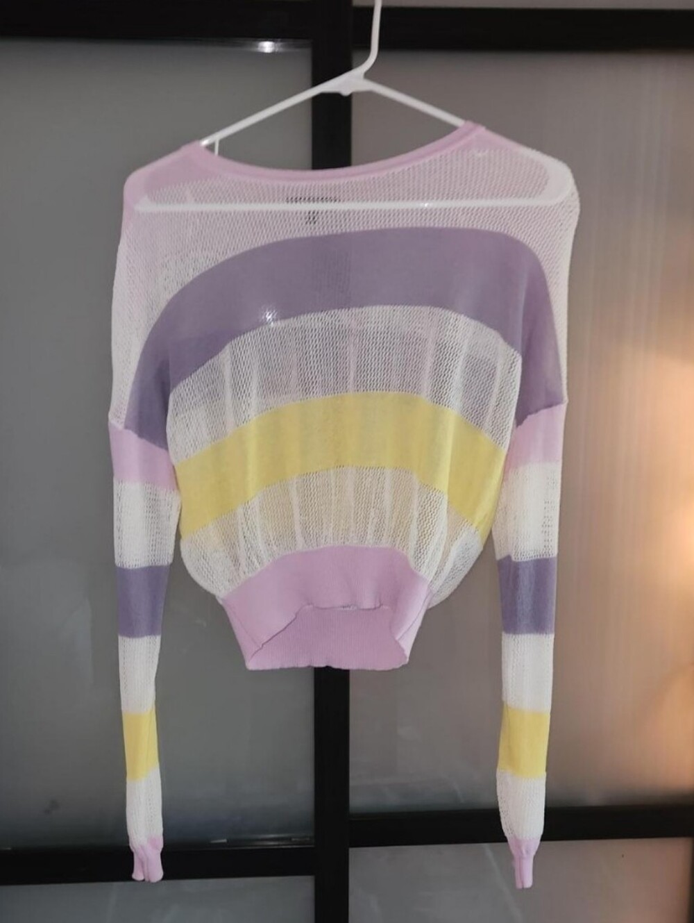 Fashion Nova Pastel Striped Mesh Crewneck Sweater - Lavender, Yellow & White